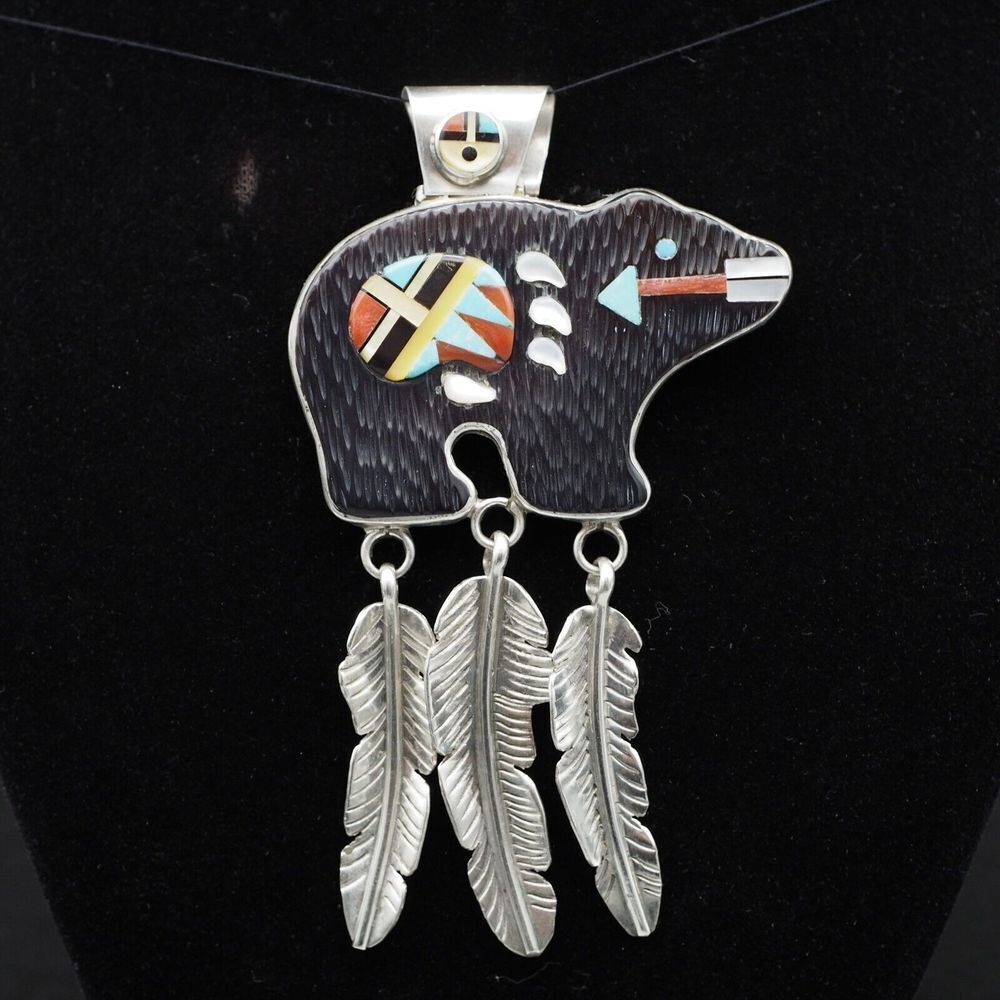 Sterling Silver Native American Spirit Bear Feather Pendant w/ Stone Inlay VTG
